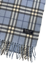 Kék kockás mintás vintage gyapjú sál rojtos véggel, designer feliratos címkével