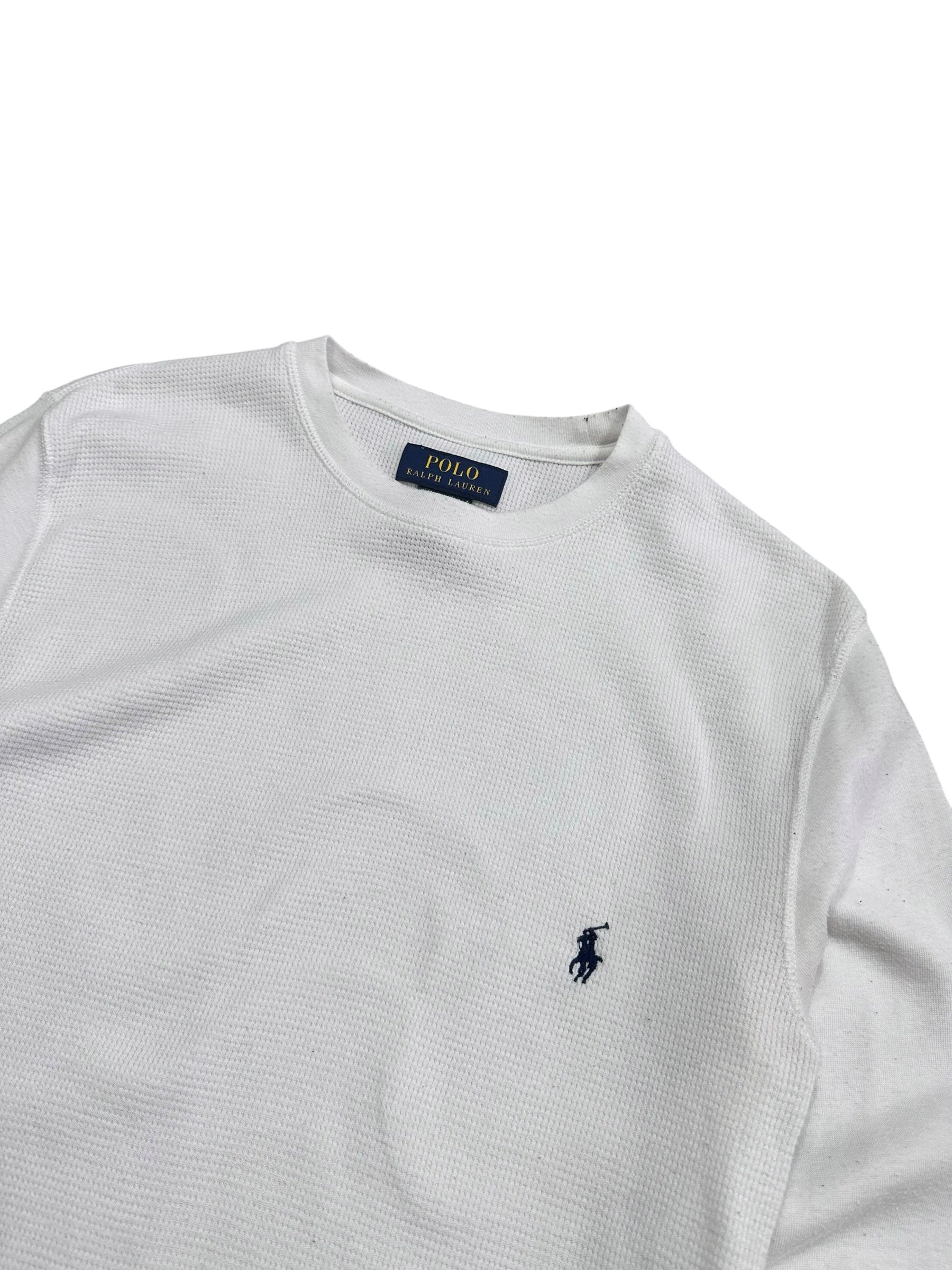 Candy Streetwear fehér Polo Ralph Lauren hosszú ujjú waffle felső kerek nyakkivágással és sötétkék hímzett logóval