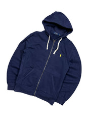 Candy Streetwear sötétkék Polo Ralph Lauren cipzáras kapucnis pulóver sárga hímzett logóval és világos húzózsinórral