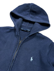 Candy Streetwear sötétkék Ralph Lauren kötött kapucnis pulóver cipzáras kialakítással és hímzett logóval