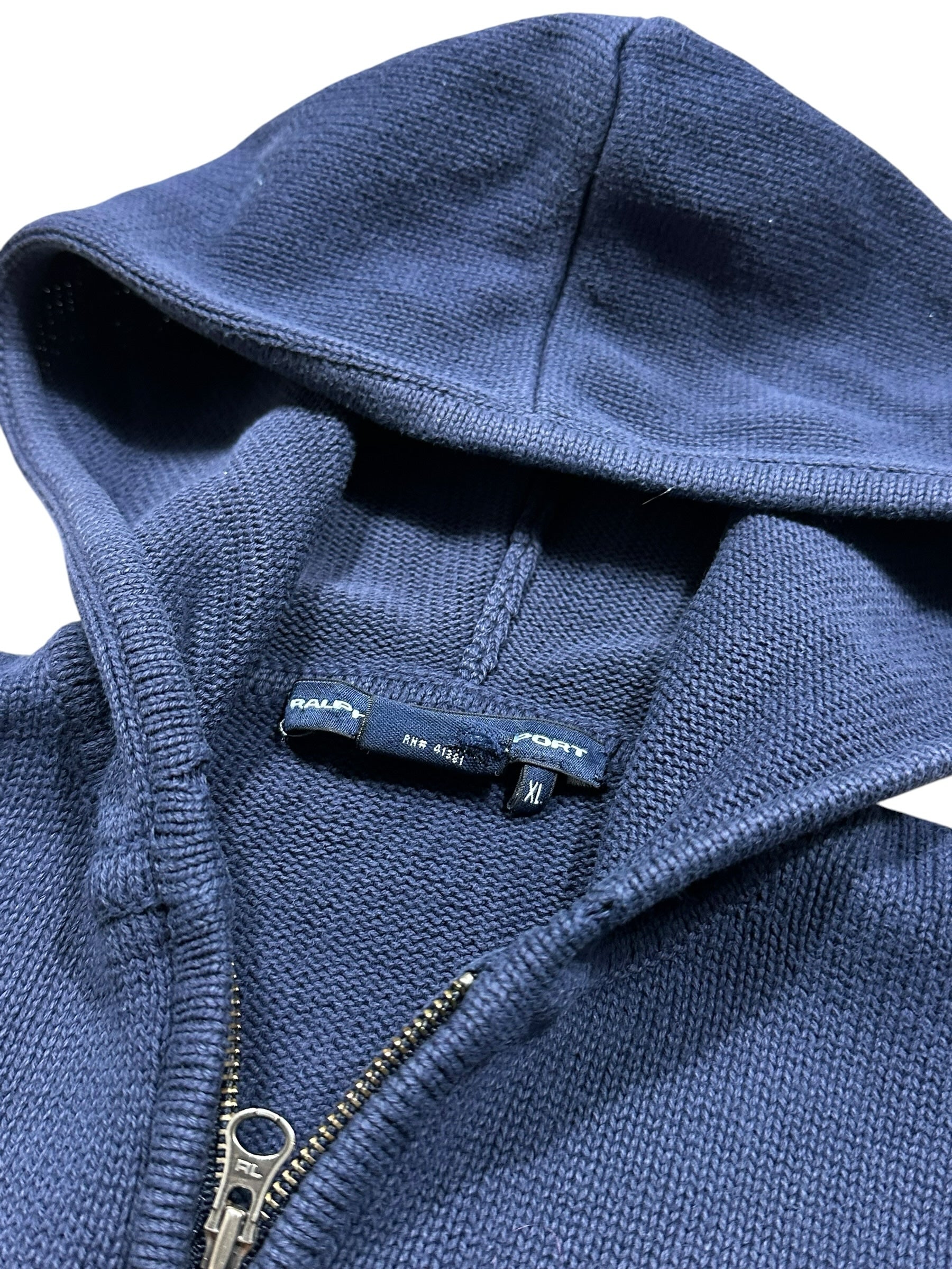 Candy Streetwear sötétkék Ralph Lauren kötött kapucnis pulóver cipzáras részlettel és belső márkajelzéssel
