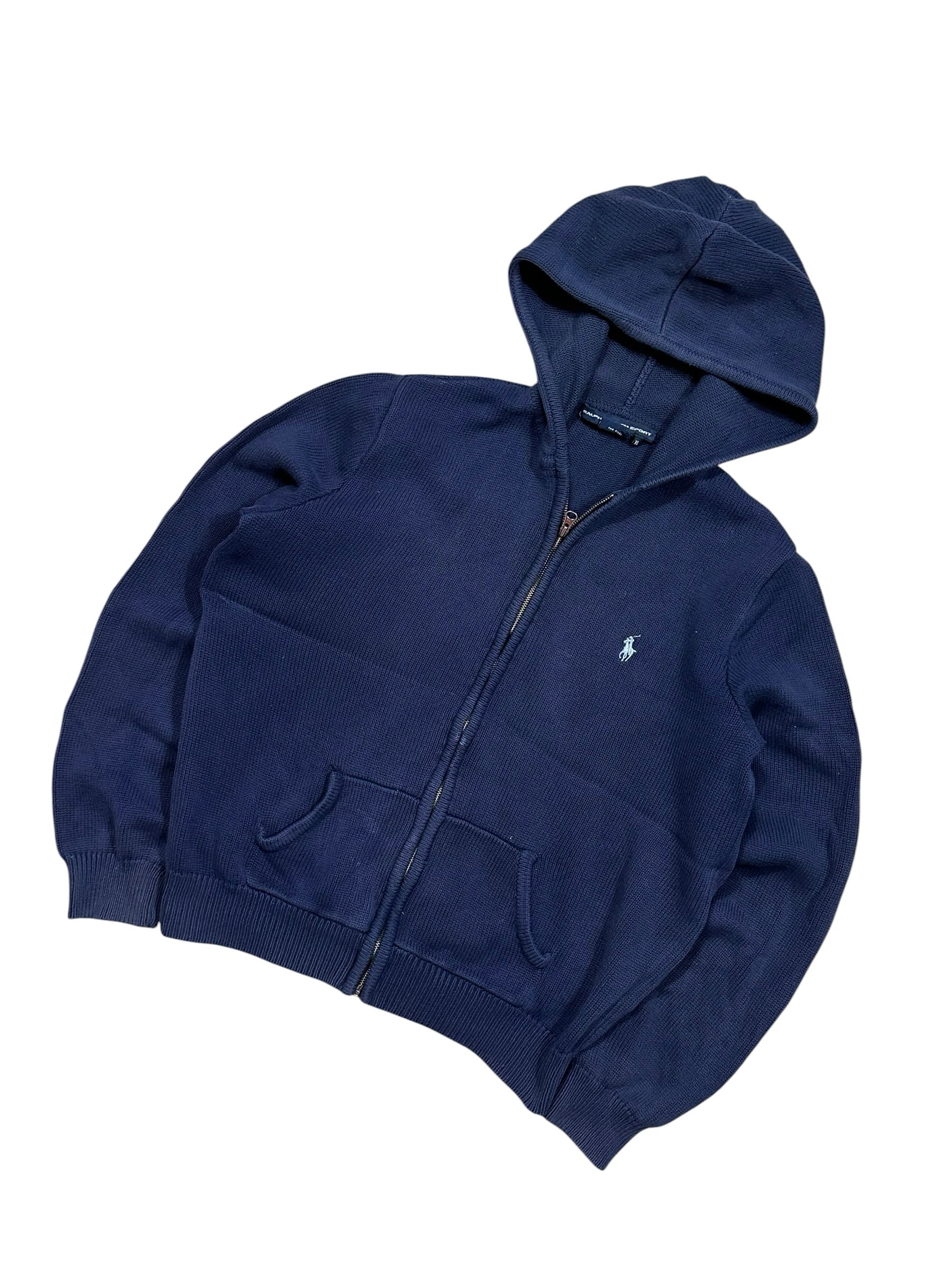 Candy Streetwear sötétkék Ralph Lauren cipzáras kötött kapucnis pulóver hímzett logóval és kenguru zsebekkel
