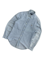 Candy Streetwear világoskék, mosott hatású, hosszú ujjú Ralph Lauren farmering gombos gallérral és hímzett logóval.