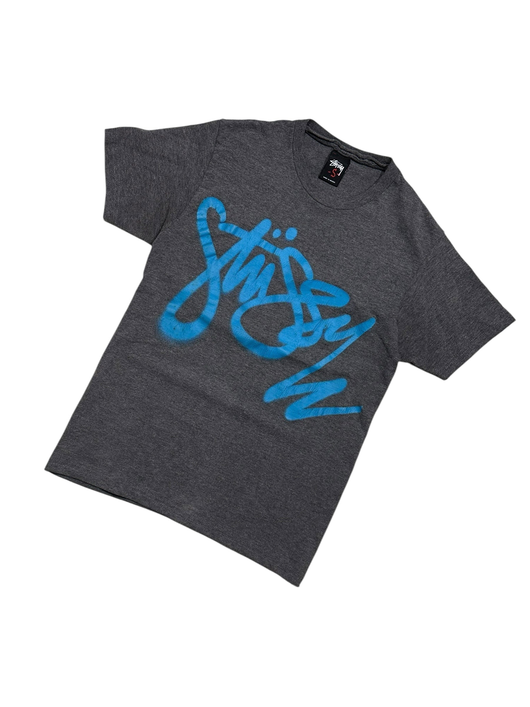 Candy Streetwear sötétszürke melírozott Stüssy póló kék graffiti logóval a mellkason