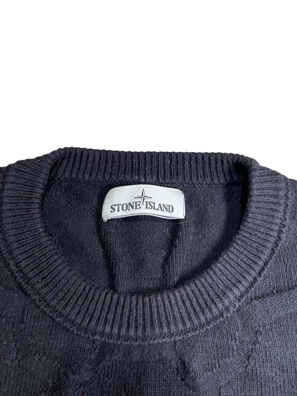 Stone Island fekete kötött vintage streetwear pulóver közelről, címkével