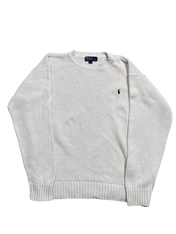 Fehér vintage Ralph Lauren pulóver hímzett logóval, kerek nyakkal, streetwear stílusban.