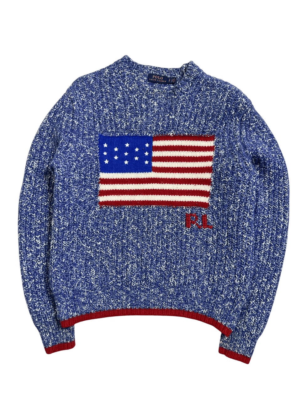Kék-fehér vintage kötött pulóver amerikai zászló mintával, streetwear stílusban