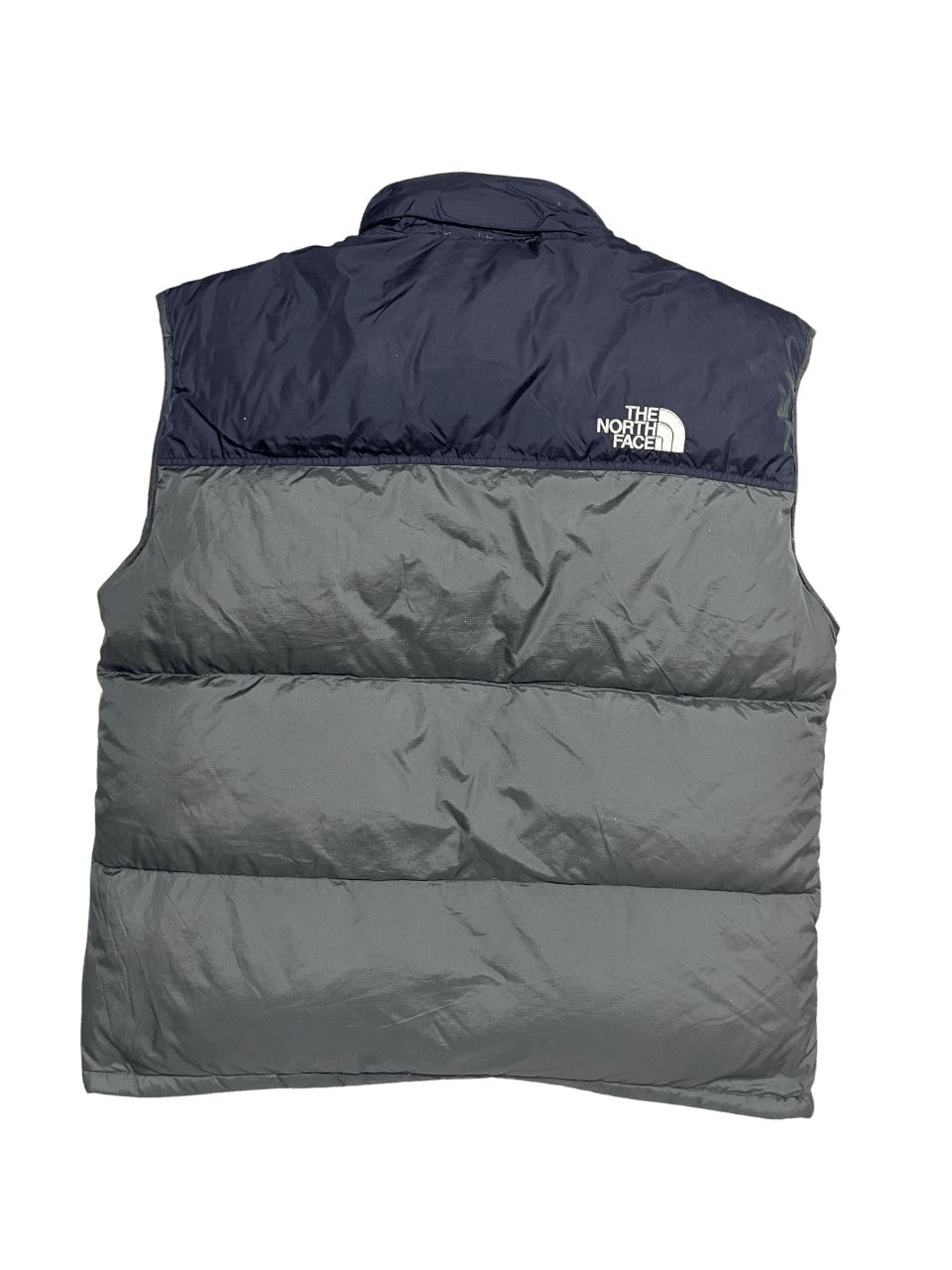 The North Face férfi vintage szürke és sötétkék steppelt utcai mellény hátulnézetben
