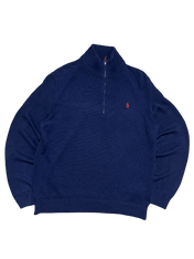 Sötétkék vintage negyedcipzáras pulóver hímzett logóval, streetwear stílus
