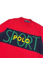 Piros, kötött Polo Ralph Lauren pulóver, SPORT felirattal, vintage streetwear stílus