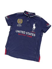Sötétkék vintage Ralph Lauren póló, United States Racing Team felirattal, hímzett logókkal.